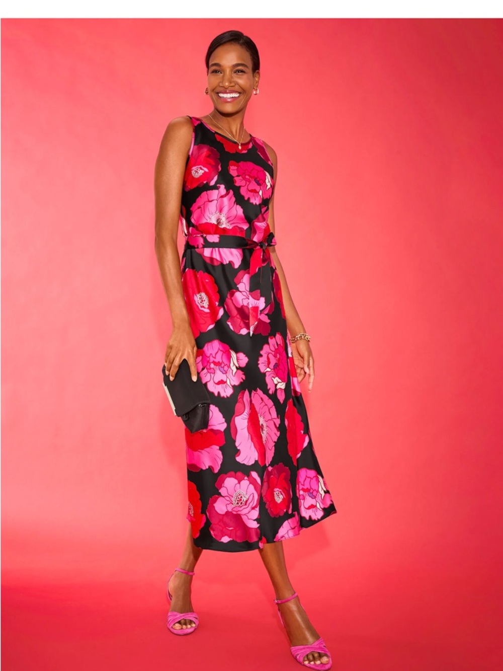 Talbots Black Midi Dress with Pink & Red Floral Print